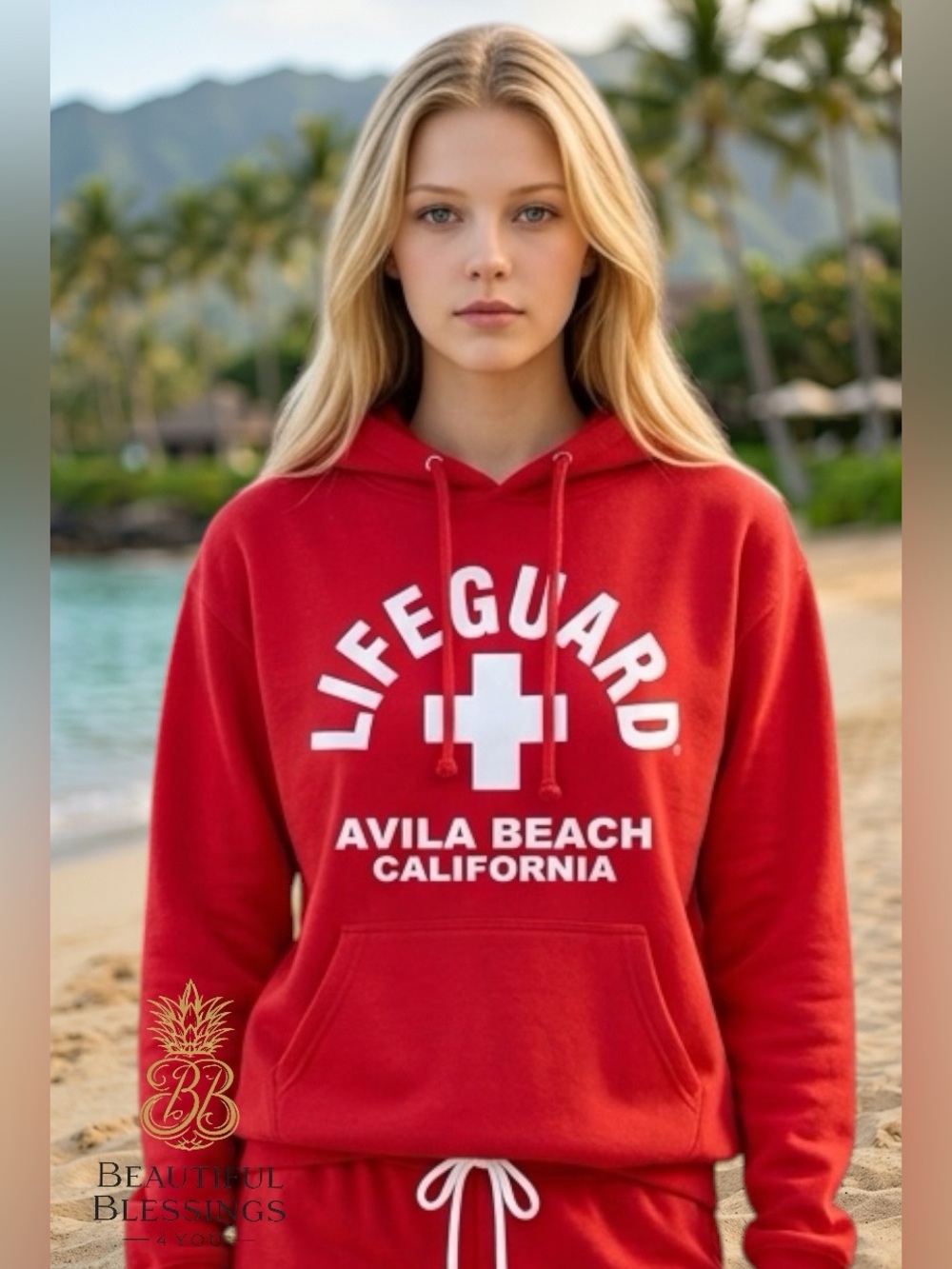 California Lifeguard Hoodie Avila Beach Red Graphic Pullover Sweatshirt XS